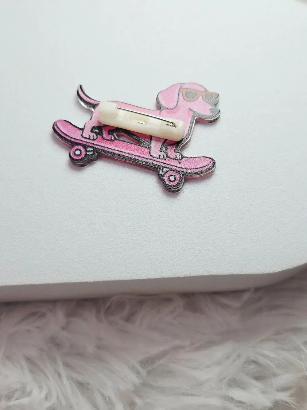 Dachshund Skateboard Lapel Pin Pink Wiener Dog Acrylic Pet Mom Novelty Skate
